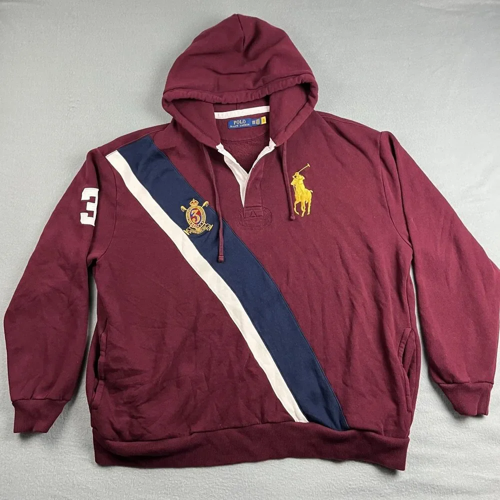 Polo Ralph Lauren Big Pony Fleece Rugby Hoodie Crest Burgundy Men's XXL
